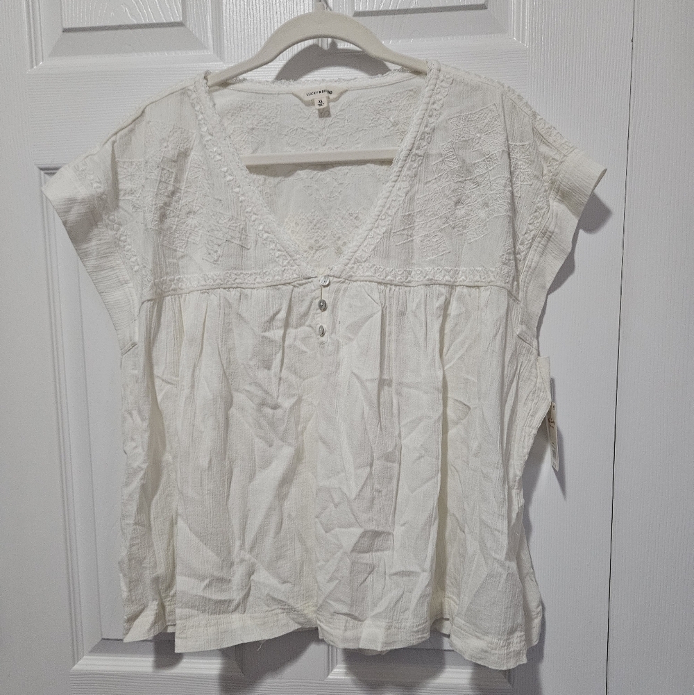 Lucky Brand White Embroidered Gauze V-Neck Top - Picture 2 of 6